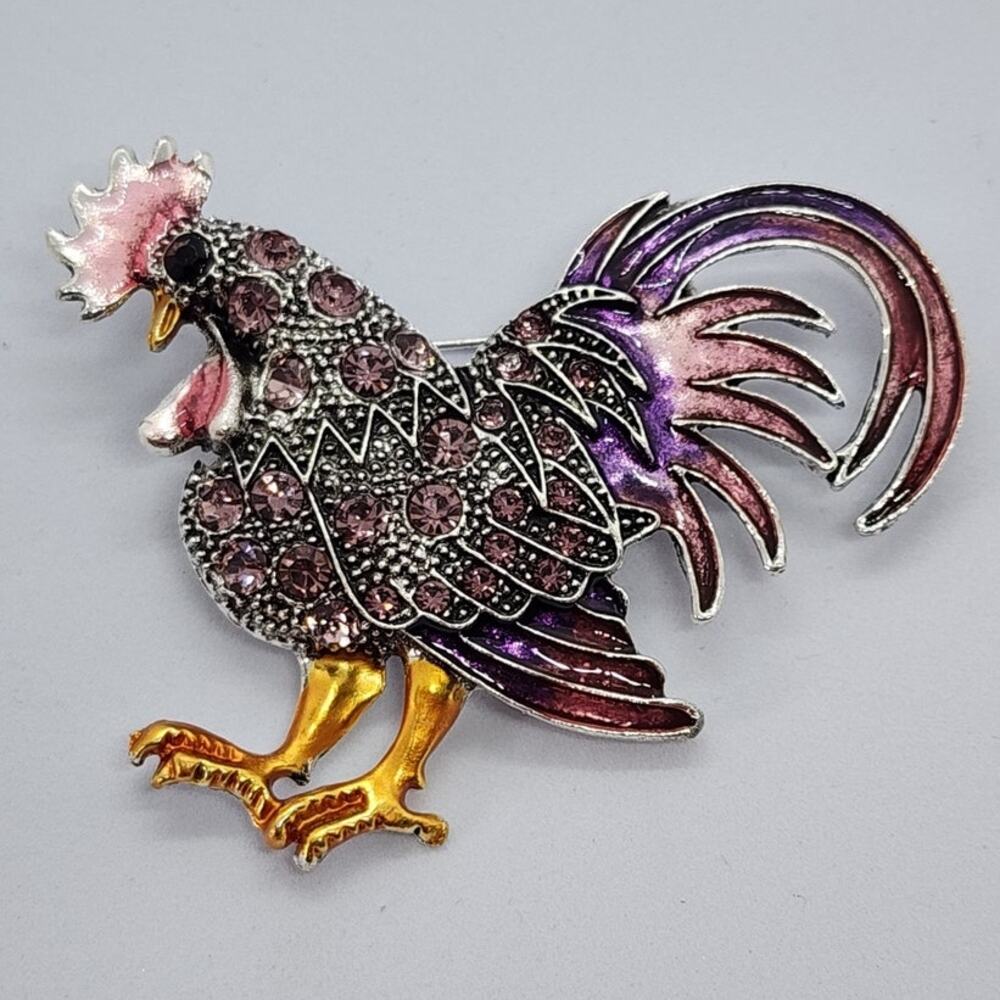 Rooster Brooch Rhinestone & Faux Jewel Pinks and Purples Silver Plated